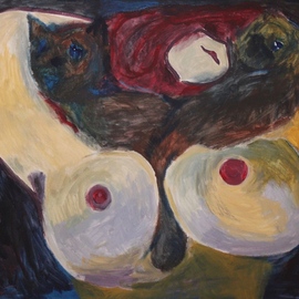 Mikhey Chikov: 'pussicats', 2023 Acrylic Painting, Nudes. Artist Description: It s not bad at all to lie in bed with a pussy. Inspired py Renoir s paintings, Jean Effel caricatures and many cartoons of Tex Avery...