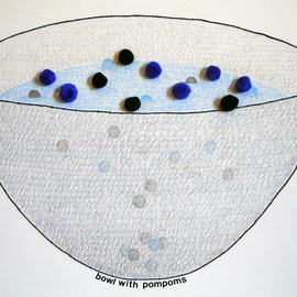 Gordana Olujic Dosic: 'bowl with pompoms', 2010 Mixed Media, Humor. Artist Description:  drawing, collage; pom- poms and thread on paper; the theme of bowl is interpreted as playful and whimsical.  ...