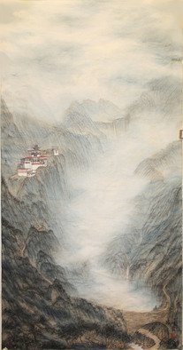 Grace Auyeung: 'retreat', 2012 Other Painting, Landscape. MENTAL PORTRAYAL OF A LANDSCAPE DEPICTING A MONASTERY, A SPIRITUAL SYMBOL FOR THE MUNDANE  CHINESE INK, COLOUR ON XUAN PAPER...