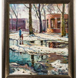 Gregori Furman: 'Snow and Puddles', 2014 Oil Painting, nature. Artist Description:  Melting snow in the streets of a city ...