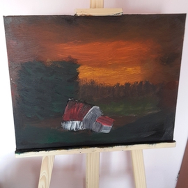 Lukasz Grodzki: 'dark landscape', 2016 Oil Painting, Landscape. Artist Description:  Small hut and forest. ...