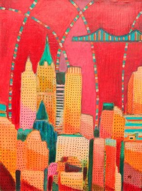 Habib Ayat: ' cityscape of Downtown Manhattan', 2014 Oil Painting, Cityscape.  nyc, cityscape, oil painting, Manhattan, buy art, local art, interior design, love, peace, canvas, downtown, urban, red, streets o fnyc ...