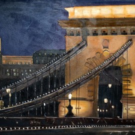 Andreas Halidis: 'Chain Bride Budapest', 2001 Oil Painting, Cityscape. Artist Description: Chain bridge in Budapest at night as the bus passes over with the castle in the back on the mountain. ...