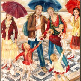 Hana Grosova: 'Madona with umbrella', 2009 Oil Painting, Family. Artist Description:  Young mother with her family and two ladies around situated in Prague street. ...