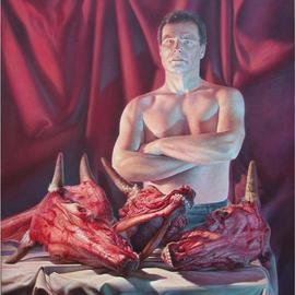 Hans Droog: 'Self Portrait with slaughtered cow heads', 1996 Oil Painting, Portrait. Artist Description: Self portrait with slaughtered cow heads...