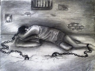 Haris Imtiyaz Khan: 'prison of life', 2009 Charcoal Drawing, Conceptual.  This painting shows the Sorrow, Pain & wounds of life. It means it is necessary to face the facts of life till your last breath. Once you will free from life ( the end of life) , you will be free from all your sorrow & pain. So concept of this painting is that...