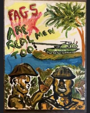 Matt Reith: 'gags are really men too', 2023 Acrylic Painting, Activism. Depicting gay soldiers fighting in wR f I r a county that has blood on its hands when it Co. e to gar rights with the stain of the am Rican map bleeding on thelandscape...