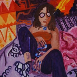 Hannah Weissman: 'bong in bed', 2019 Oil Painting, Abstract Figurative. Artist Description: This is a self portrait, involving both myself, an act of self pleasure, and my bedroom. ...