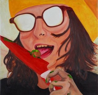 Hannah Weissman: 'lick the pit', 2019 Oil Painting, Erotic. Self portrait with knife and avocado pit. ...