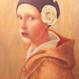 Heather Hyatt: 'October', 2006 Oil Painting, Portrait. Artist Description:  'October' is from a series of twelve portraits depicting the months, each having the birthstone and flower from its month.  Costumes were taken from medieval and renaissance fashion.  The series was shown at the Yukon Arts Centre, Whitehorse, Yukon. ...