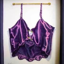Heather Hyatt: 'Purple Teddy', 2005 Pencil Drawing, Still Life. Artist Description:  'Purple Teddy' is from a series called' Trophies' .  It is colored pencil on watercolor paper mounted in a shadow box.  The style is trompe l' oeil. ...