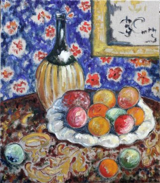 Elena Zhogina: 'Still life with fruit and carafe, copy by Alexandra Exter', 2010 Oil Painting, Still Life. Alexandra Exter a painter from Ukraine of mid 20th century whom I greatly admire. She is considered to be one of the first Russian cubists. But for me revelation was to see how she developed her style of expressing movement of color and change of color forms. Its so beautiful ...