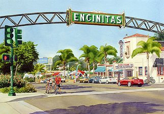 Mary Helmreich: 'Encinitas California by Mary Helmreich', 2009 Watercolor, Representational. Downtown Encinitas Street Scene with La Paloma Theater, Art Market, Cyclists & Red MustangFor my other originals and museum quality prints, check out my websites