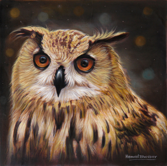Hemant Bhavsar  'The Owl Portrait Painting', created in 2008, Original Painting Oil.