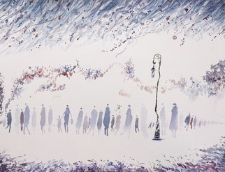 Carlos Pardo: 'you have got me', 2019 Watercolor, Cityscape.  Amid the people who go and come we are much like simple brushstrokes or spots in a big painting. But we are unique persons, 75  water, electricity, feelings. . . that some day will vanish for others, even in ther remembrances. So just play and live our time. I tried to hide...