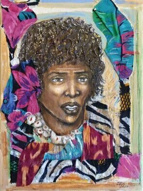 Hampton Olfus: 'aunt claires in paradise', 2023 Mixed Media, Portrait. This piece is of a working aunt, mother, sister, first vacation in a plush tropical paradise.  ...