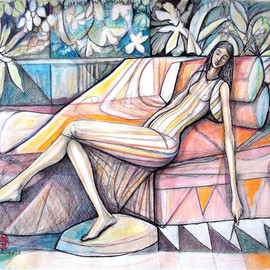 Hampton Olfus: 'lazy afternoon', 2020 Other Drawing, Figurative. Artist Description: This piece was inspired by classical art compositions, of women of leisure. ...