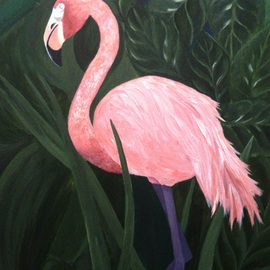 Anne-marie Landry: 'Flamingo', 2015 Acrylic Painting, Animals. Artist Description:  pink, flamingo, green, leaves, purple   ...