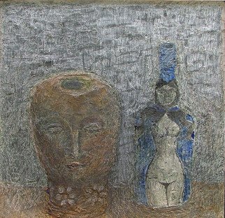 Artist: Hope Brooks - Title: Terracotta Head and Blue Bottle - Medium: Mixed Media - Year: 2007