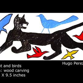 Hugo Perez: 'Cat and birds', 2009 Woodworking Art, Animals. Artist Description:  Wood carving ...
