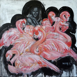 Elizaveta Mikhalitcyna: 'Flamingos', 2016 Other Painting, Popular Culture. Artist Description: Image inspired by pop culture and street artnaomi campbell surrounded by pink flamingosthe embodiment of beauty. Acrylic, Tempera and Marker on Canvas. ...