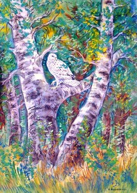 Igor Moshkin: 'falcon on the birch', 2005 , Undecided. watercolor, paper, wildlife, green and blue, Falcon on the Birch , summer, forest landscape, grass, birch trees...