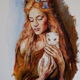 Igor Navrotskyi: 'lady with ermine', 2022 Oil Painting, People. Artist Description: Original.  The painting is made entirely by hand with oil paints and varnished.  Stretched natural Italian canvas.  High- quality performance, interesting plot, juicy and bright colors.  This work of art will be a worthy decoration of your interior.Suitable for home and office.  It will be a wonderful ...