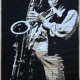 Ihor Chabanov: 'saxophonist', 2022 Ink Painting, Music. Artist Description: The picture is painted in acrylic paints on old glued musical pages. ...