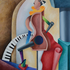 Irina Laskin: 'The creative', 2015 Oil Painting, Figurative. Artist Description:   Cubism, women, shapes, architectural detail colorful, shades, drapes, music, piano ...