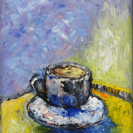 Indrani Ghosh: 'coffee cup still life', 2023 Oil Painting, Still Life. Artist Description:  Coffee Cup Still Life  Impasto Oil Painting is a stunning work of art that showcases the beauty of simplicity. This painting depicts a single coffee cup and saucer, set against a pretty background. The impasto technique used in this painting creates a textured and tactile surface, adding depth ...