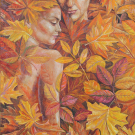 Ia Saralidze: 'autumn for a two', 2014 Oil Painting, Love. Artist Description: Autumn, love, he and she, leaves, abstraction...