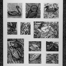 Irina Maiboroda: 'Creatures of Earth Sea and Sky', 2016 Ink Drawing, Surrealism. Artist Description:  drawing, ink, imaginary, creatures, fish, frog, bird, black, white, flowers...