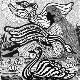 Irina Maiboroda: 'Wild swans II', 2013 Ink Drawing, Abstract Figurative. Artist Description:   abstract, impression, illustration, fairy- tail, black- wait  work is under passepartout 50 A-- 50 cm        ...