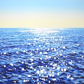 Iryna Kastsova: 'blue ocean glare', 2021 Acrylic Painting, Seascape. Artist Description: Blue ocean.  Glare.  Summer seascape blue water, blue ocean, small waves, sun glare on the water, clear skies create an atmosphere of relaxation and romance.  The blue and white palette, made in the style of realism, emphasizes the energy of water.  Part of a permanent series of seascapes.  ...