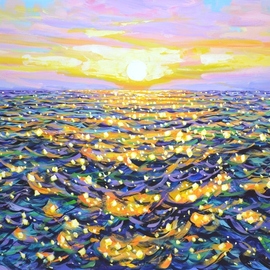 Iryna Kastsova: 'ocean sunset', 2022 Acrylic Painting, Seascape. Artist Description: Ocean.  Sunset 6.  Seascape sunset, evening, warm water, sea, ocean, small waves, sun glare on the water, sky, sun create an atmosphere of relaxation and romance.  The light shimmers on the surface of the water, creating a serene look.  Made in the style of impressionism.  Part of an ...
