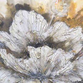Irina Rumyantseva: 'Spring White Flower', 2015 Acrylic Painting, Floral. Artist Description:  A heavily textured floral acrylic painting, white flower blossoming on a rich golden brown background. Painted on a deep edge box canvas, ready to hang.  ...