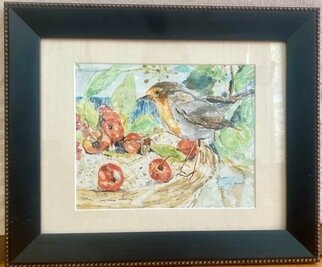 Jacqueline Weegels: 'Berry Lunch original watercolor', 2023 Watercolor, Wildlife. A robin visiting one of my bird bowls for a berry lunch. ...