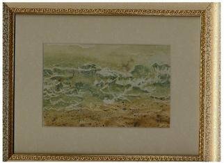 Jacqueline Weegels Burns: 'Waves', 2005 Watercolor, nature. Artist Description: Another beach picture with waves rolling onto the beach - painted on special effect paper....