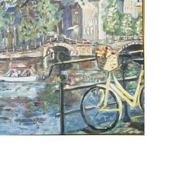 Jacqueline Weegels Burns: 'Yellow bicycle', 1997 Oil Painting, Landscape. Artist Description: With gilded frame and mat. I grew up in the Netherlands, where the bicycle is an important part of daily life. This Amsterdam scene captures the essence of this sturdy, dependable' fiets' .  NOTE: Framed....