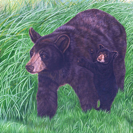 Jacquie Vaux: 'Hangin on Mom  Black Bears', 2014 Other Painting, Animals. Artist Description:   Hangin on Mom was inspired by my own experiences with black Bears and my hiking in Golden Gate park in the Fall. This Black Bear Cub is hanging on his Mom for security. He's painted on special cloth panel and Gallery wrapped, the painting extending around the ...
