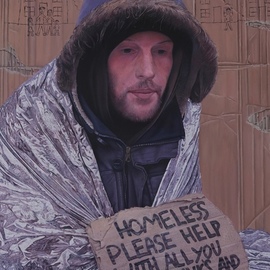 James Earley: 'a cardboard story', 2021 Oil Painting, People. Artist Description: I met Simon in 2020 on the streets of Southampton.  It was a really cold day and it had just started to rain.  We spoke about his journey to where he was and like many homeless people that I have met the journey was a sad and lonely ...