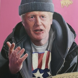 James Earley: 'boris and the golden pig', 2020 Oil Painting, Political. Artist Description: I wanted to create a painting of an imaginary world where Boris Johnson the Prime Minister of the UK is homeless and where golden pigs fly.  Ultimately I wanted to show how the current economic model can create such wealth in one hand and yet such poverty in ...