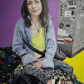 James Earley: 'the yellow road', 2019 Oil Painting, People. Artist Description: I met Sarah outside South Kensington Tube Station in 2019.  She was extremely tired and had just been moved along by a Security Guard.  I got to know her over a seven day period and as I sketched her I got to understand her story.  As with many ...