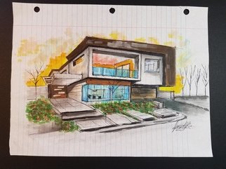 Jameson Brittnellis: 'modern house', 2017 Marker Drawing, Home. This is a modern house I drew and colored on lined paper.  part of my lined paper collection ...