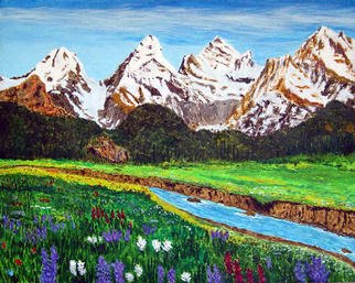 James Parker: 'Alpine Meadow', 2003 Acrylic Painting, Landscape. A bright meadow and stream scene with awe inspiring mountains in the background. ...