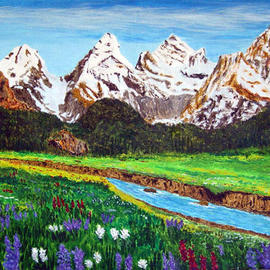 James Parker: 'Alpine Meadow', 2003 Acrylic Painting, Landscape. Artist Description: A bright meadow and stream scene with awe inspiring mountains in the background. ...