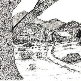 James Parker: 'Big Oak and Cabin', 2002 Pen Drawing, Fantasy. Artist Description: Fantasy cabin with large oak...