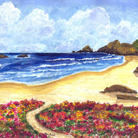 James Parker: 'Flower Garden Beach', 2003 Acrylic Painting, Seascape. Artist Description: Flowers along the path leading to the beach highlight this colorful seascape....