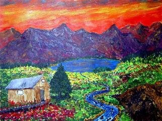 James Parker: 'Mountian Cabin Sunset', 2003 Acrylic Painting, Fantasy. Colorful sunset in a fantasy mountain setting. ...
