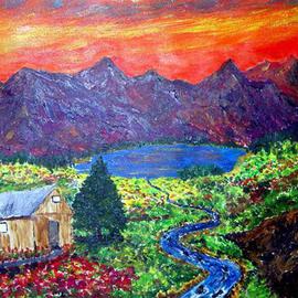 James Parker: 'Mountian Cabin Sunset', 2003 Acrylic Painting, Fantasy. Artist Description: Colorful sunset in a fantasy mountain setting. ...